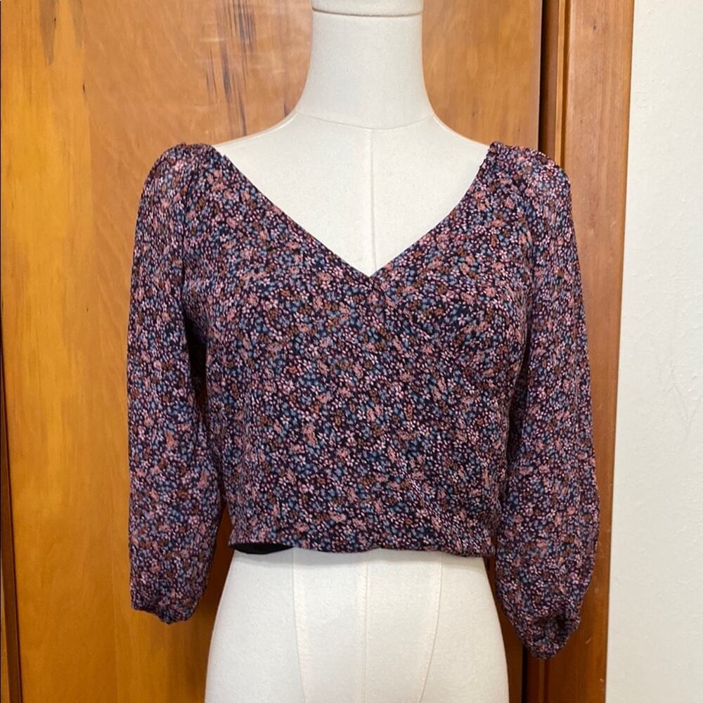 Pink Purple Floral Blouse Crop Top Side Zip Puff Balloon 3/4 Sleeves Milkmaid